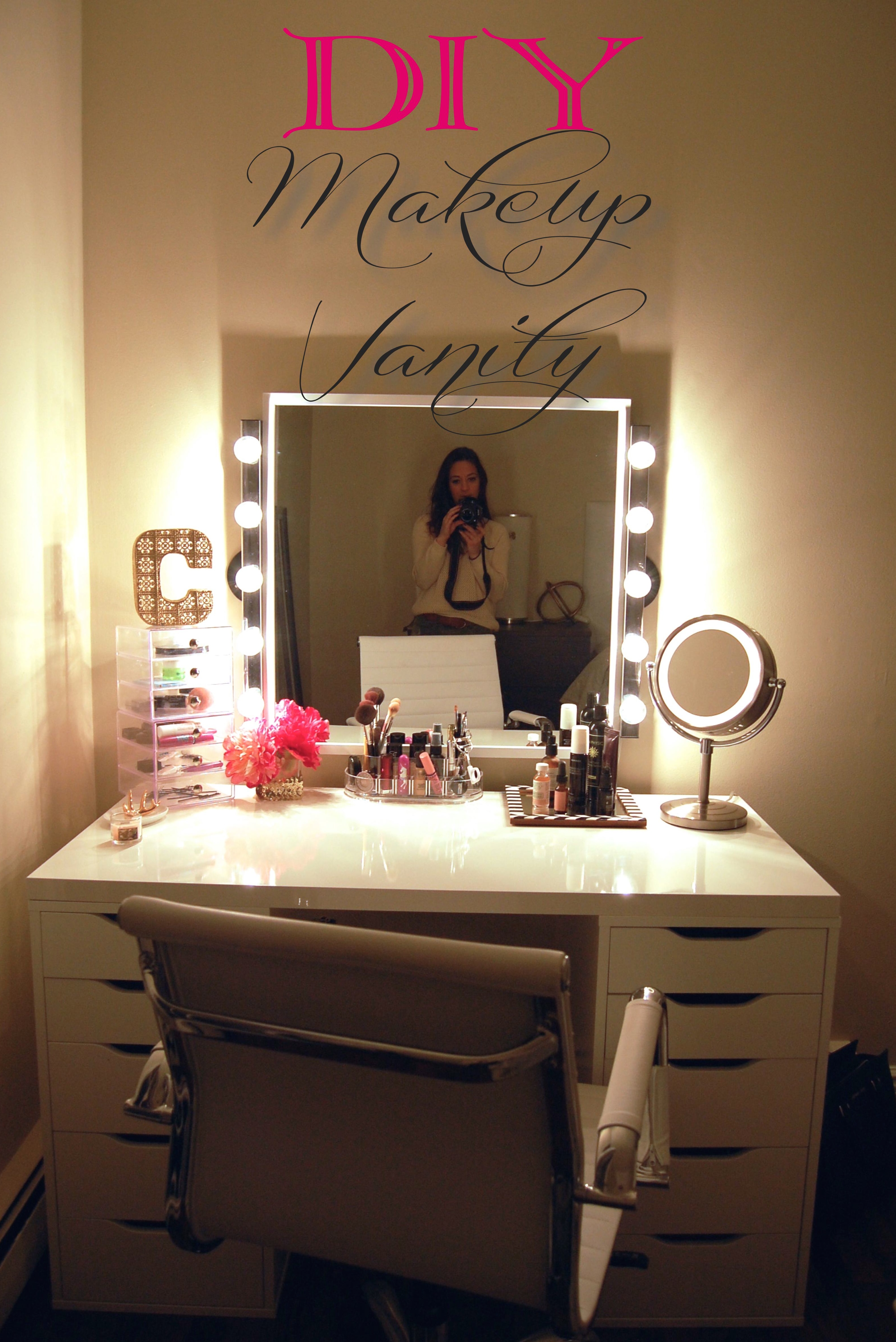 diy vanity mirror with lights and desk